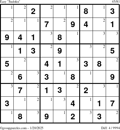 The grouppuzzles.com Easy Sudoku puzzle for Monday January 20, 2025 with the first 3 steps marked