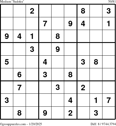 The grouppuzzles.com Medium Sudoku puzzle for Monday January 20, 2025