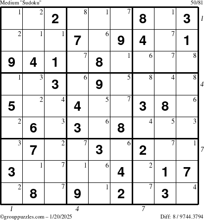 The grouppuzzles.com Medium Sudoku puzzle for Monday January 20, 2025, suitable for printing, with all 8 steps marked