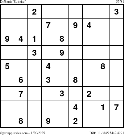 The grouppuzzles.com Difficult Sudoku puzzle for Monday January 20, 2025