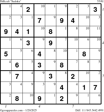 The grouppuzzles.com Difficult Sudoku puzzle for Monday January 20, 2025 with all 11 steps marked