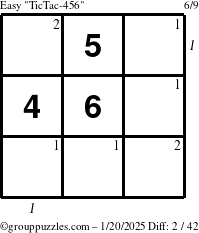 The grouppuzzles.com Easy TicTac-456 puzzle for Monday January 20, 2025 with all 2 steps marked