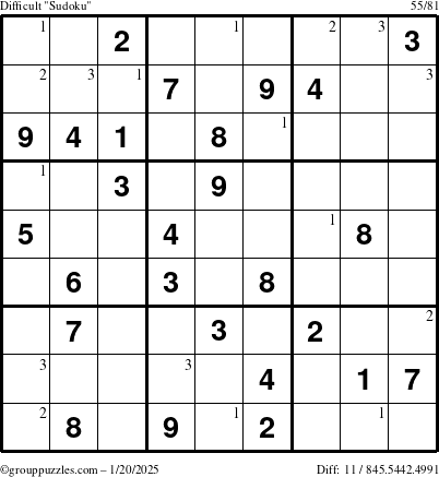 The grouppuzzles.com Difficult Sudoku puzzle for Monday January 20, 2025 with the first 3 steps marked