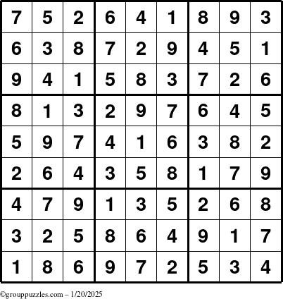 The grouppuzzles.com Answer grid for the Sudoku puzzle for Monday January 20, 2025