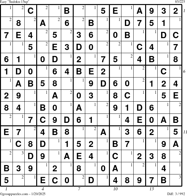 The grouppuzzles.com Easy Sudoku-15up puzzle for Monday January 20, 2025 with all 3 steps marked