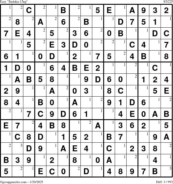 The grouppuzzles.com Easy Sudoku-15up puzzle for Monday January 20, 2025 with the first 3 steps marked