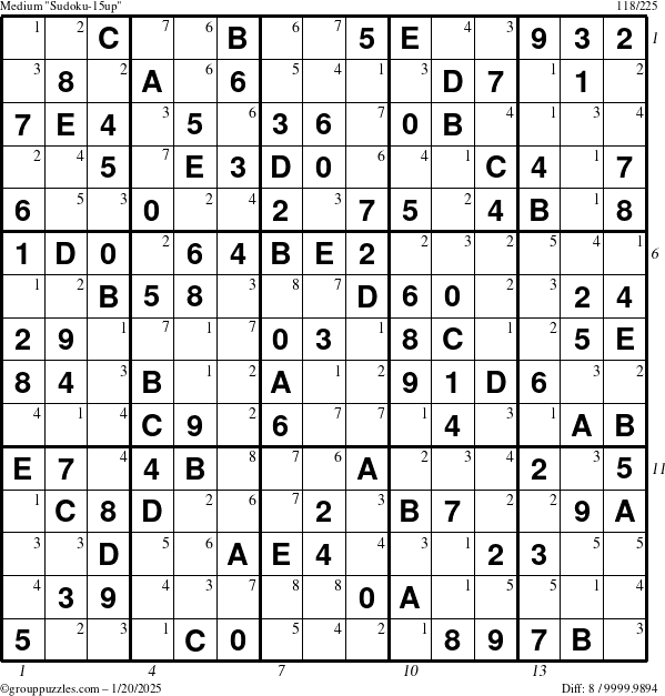 The grouppuzzles.com Medium Sudoku-15up puzzle for Monday January 20, 2025, suitable for printing, with all 8 steps marked