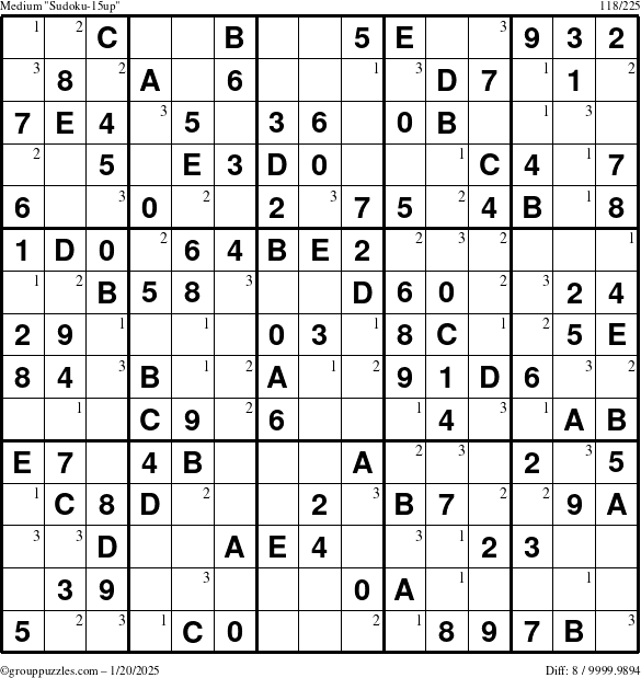 The grouppuzzles.com Medium Sudoku-15up puzzle for Monday January 20, 2025 with the first 3 steps marked