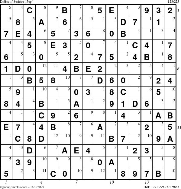 The grouppuzzles.com Difficult Sudoku-15up puzzle for Monday January 20, 2025 with all 12 steps marked