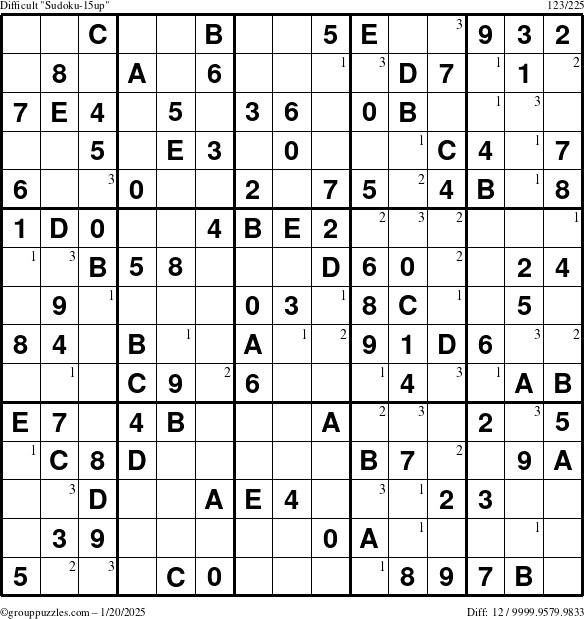 The grouppuzzles.com Difficult Sudoku-15up puzzle for Monday January 20, 2025 with the first 3 steps marked