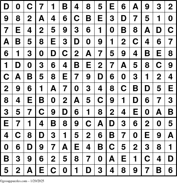 The grouppuzzles.com Answer grid for the Sudoku-15up puzzle for Monday January 20, 2025