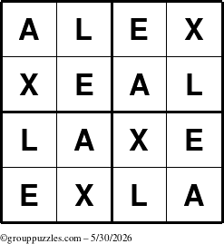 The grouppuzzles.com Answer grid for the Alex puzzle for Saturday May 30, 2026