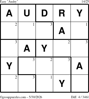 The grouppuzzles.com Easy Audry puzzle for Saturday May 30, 2026 with the first 3 steps marked