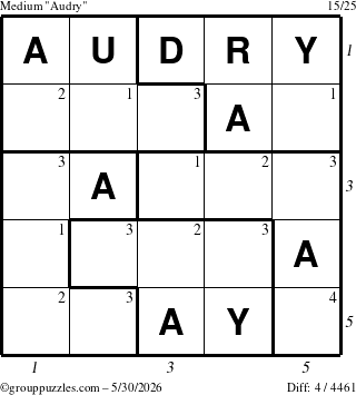 The grouppuzzles.com Medium Audry puzzle for Saturday May 30, 2026, suitable for printing, with all 4 steps marked