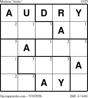 The grouppuzzles.com Medium Audry puzzle for Saturday May 30, 2026 with the first 3 steps marked