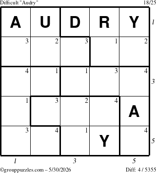 The grouppuzzles.com Difficult Audry puzzle for Saturday May 30, 2026, suitable for printing, with all 4 steps marked