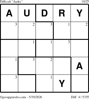 The grouppuzzles.com Difficult Audry puzzle for Saturday May 30, 2026 with the first 3 steps marked