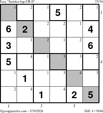 The grouppuzzles.com Easy Sudoku-6up-UR-D puzzle for Saturday May 30, 2026, suitable for printing, with all 4 steps marked