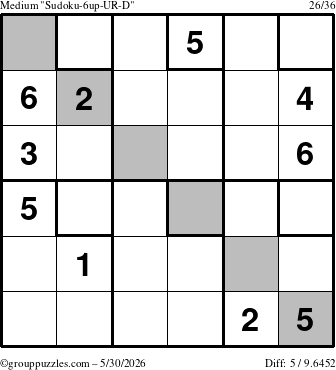 The grouppuzzles.com Medium Sudoku-6up-UR-D puzzle for Saturday May 30, 2026
