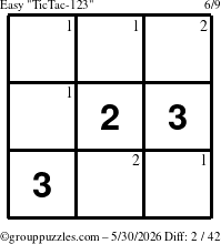The grouppuzzles.com Easy TicTac-123 puzzle for Saturday May 30, 2026 with the first 2 steps marked