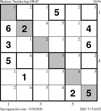 The grouppuzzles.com Medium Sudoku-6up-UR-D puzzle for Saturday May 30, 2026, suitable for printing, with all 5 steps marked