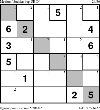 The grouppuzzles.com Medium Sudoku-6up-UR-D puzzle for Saturday May 30, 2026 with the first 3 steps marked