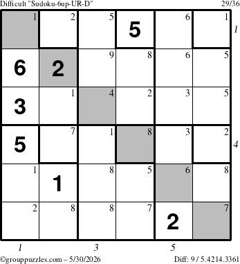 The grouppuzzles.com Difficult Sudoku-6up-UR-D puzzle for Saturday May 30, 2026 with all 9 steps marked