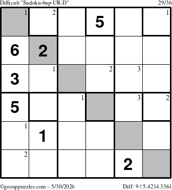 The grouppuzzles.com Difficult Sudoku-6up-UR-D puzzle for Saturday May 30, 2026 with the first 3 steps marked