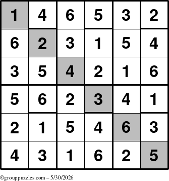 The grouppuzzles.com Answer grid for the Sudoku-6up-UR-D puzzle for Saturday May 30, 2026