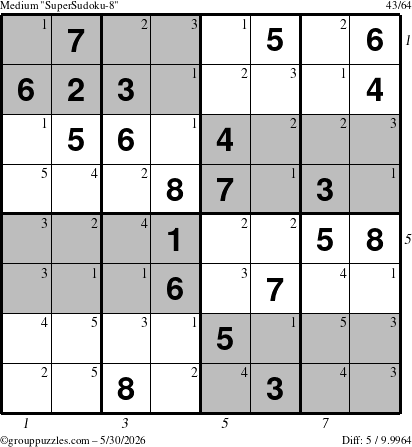 The grouppuzzles.com Medium SuperSudoku-8 puzzle for Saturday May 30, 2026, suitable for printing, with all 5 steps marked