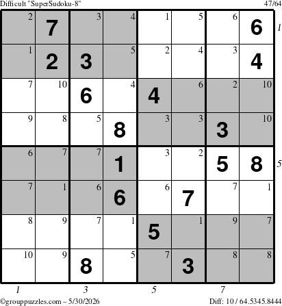 The grouppuzzles.com Difficult SuperSudoku-8 puzzle for Saturday May 30, 2026 with all 10 steps marked
