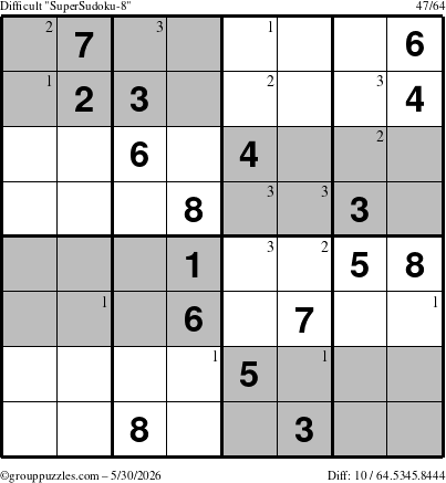 The grouppuzzles.com Difficult SuperSudoku-8 puzzle for Saturday May 30, 2026 with the first 3 steps marked