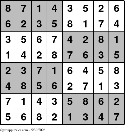 The grouppuzzles.com Answer grid for the SuperSudoku-8 puzzle for Saturday May 30, 2026