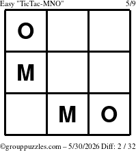 The grouppuzzles.com Easy TicTac-MNO puzzle for Saturday May 30, 2026