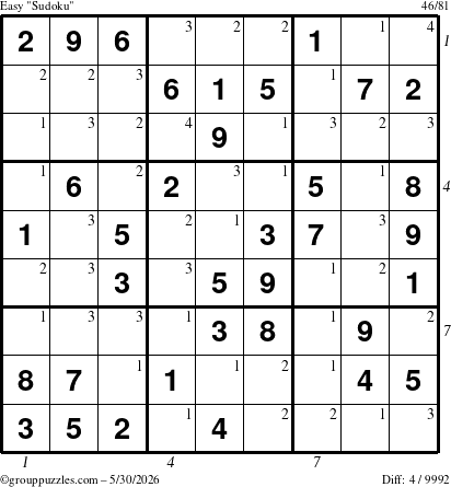 The grouppuzzles.com Easy Sudoku puzzle for Saturday May 30, 2026, suitable for printing, with all 4 steps marked