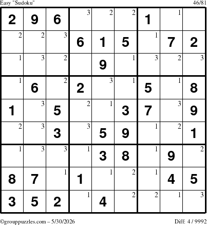 The grouppuzzles.com Easy Sudoku puzzle for Saturday May 30, 2026 with the first 3 steps marked