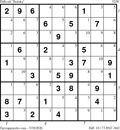 The grouppuzzles.com Difficult Sudoku puzzle for Saturday May 30, 2026, suitable for printing, with all 10 steps marked