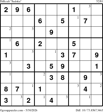 The grouppuzzles.com Difficult Sudoku puzzle for Saturday May 30, 2026 with the first 3 steps marked