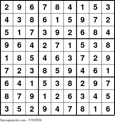 The grouppuzzles.com Answer grid for the Sudoku puzzle for Saturday May 30, 2026