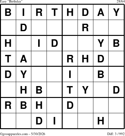 The grouppuzzles.com Easy Birthday puzzle for Saturday May 30, 2026