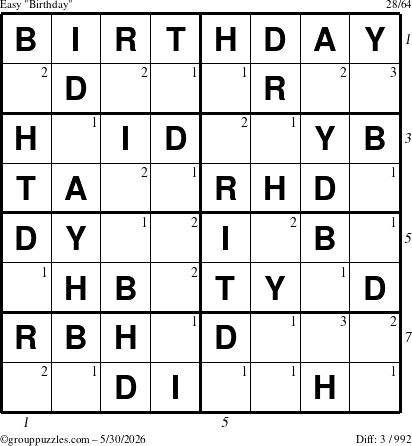 The grouppuzzles.com Easy Birthday puzzle for Saturday May 30, 2026 with all 3 steps marked