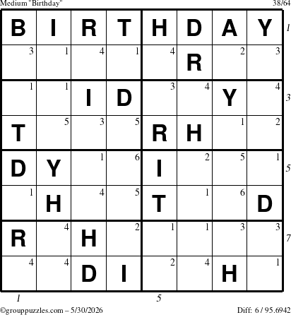 The grouppuzzles.com Medium Birthday puzzle for Saturday May 30, 2026 with all 6 steps marked