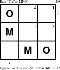The grouppuzzles.com Easy TicTac-MNO puzzle for Saturday May 30, 2026, suitable for printing, with all 2 steps marked