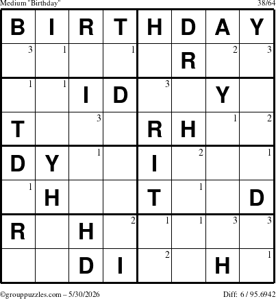 The grouppuzzles.com Medium Birthday puzzle for Saturday May 30, 2026 with the first 3 steps marked