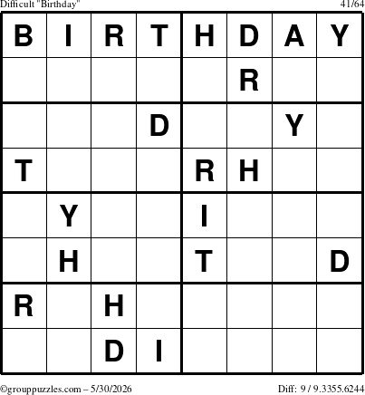 The grouppuzzles.com Difficult Birthday puzzle for Saturday May 30, 2026