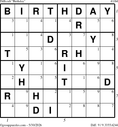 The grouppuzzles.com Difficult Birthday puzzle for Saturday May 30, 2026, suitable for printing, with all 9 steps marked