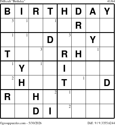 The grouppuzzles.com Difficult Birthday puzzle for Saturday May 30, 2026 with the first 3 steps marked