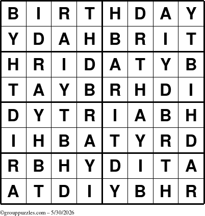The grouppuzzles.com Answer grid for the Birthday puzzle for Saturday May 30, 2026