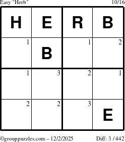 The grouppuzzles.com Easy Herb puzzle for Tuesday December 2, 2025 with the first 3 steps marked