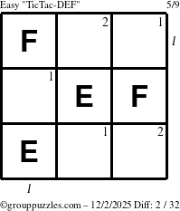 The grouppuzzles.com Easy TicTac-DEF puzzle for Tuesday December 2, 2025, suitable for printing, with all 2 steps marked